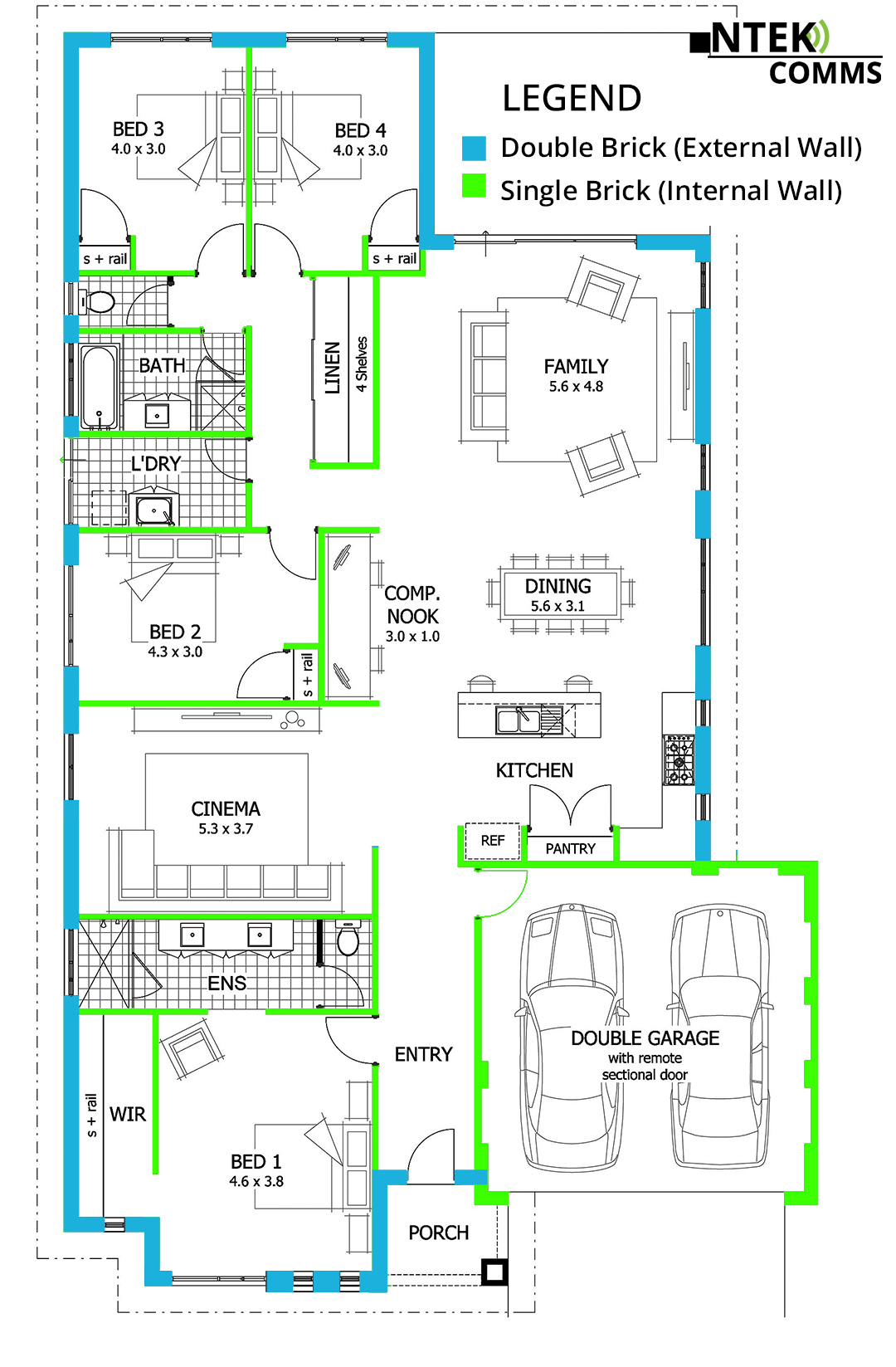 A house blueprint showing external walls in blue and internal walls in green to check if its a double brick cavity wall or single brick wall